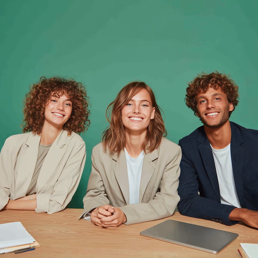 Three colleagues in a meeting, representing a recruiting team reviewing a shortlist.